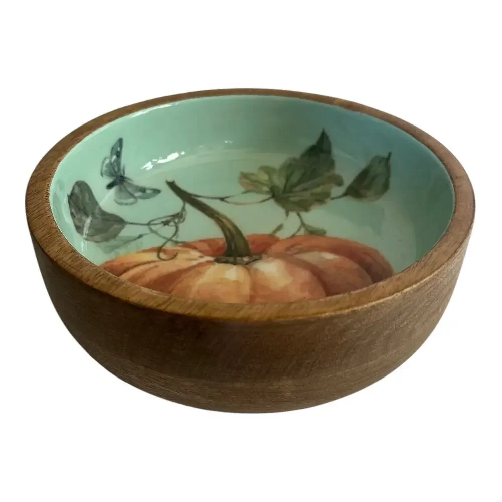Pumpkin Fall Harvest Wooden Serving Bowl - Picture 3 of 3